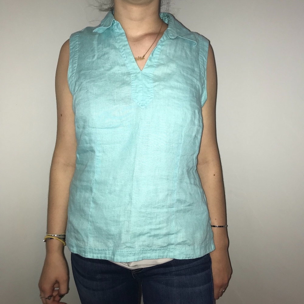 Ann Taylor Loft Aqua Blue Linen Blouse Medium